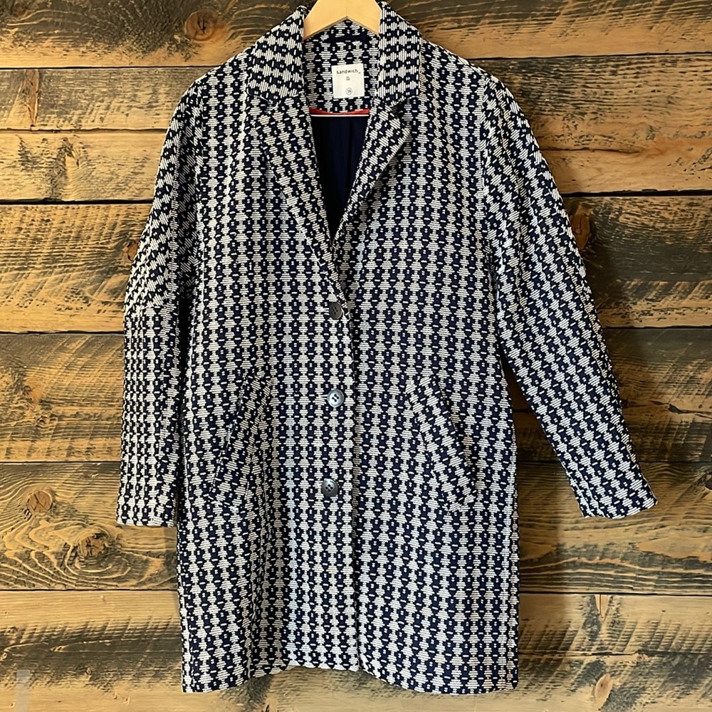 SANDWICH Woven Patterned Lined Spring Coat Jacket Button Up EU 38 Navy White